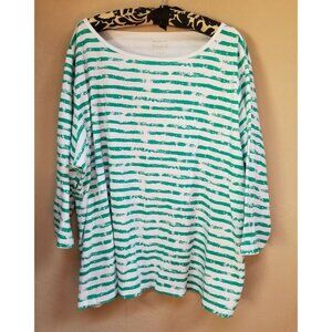 Norm Thompson Womens Pima Cotton Painted Striped Top 3X Green Boat Neck